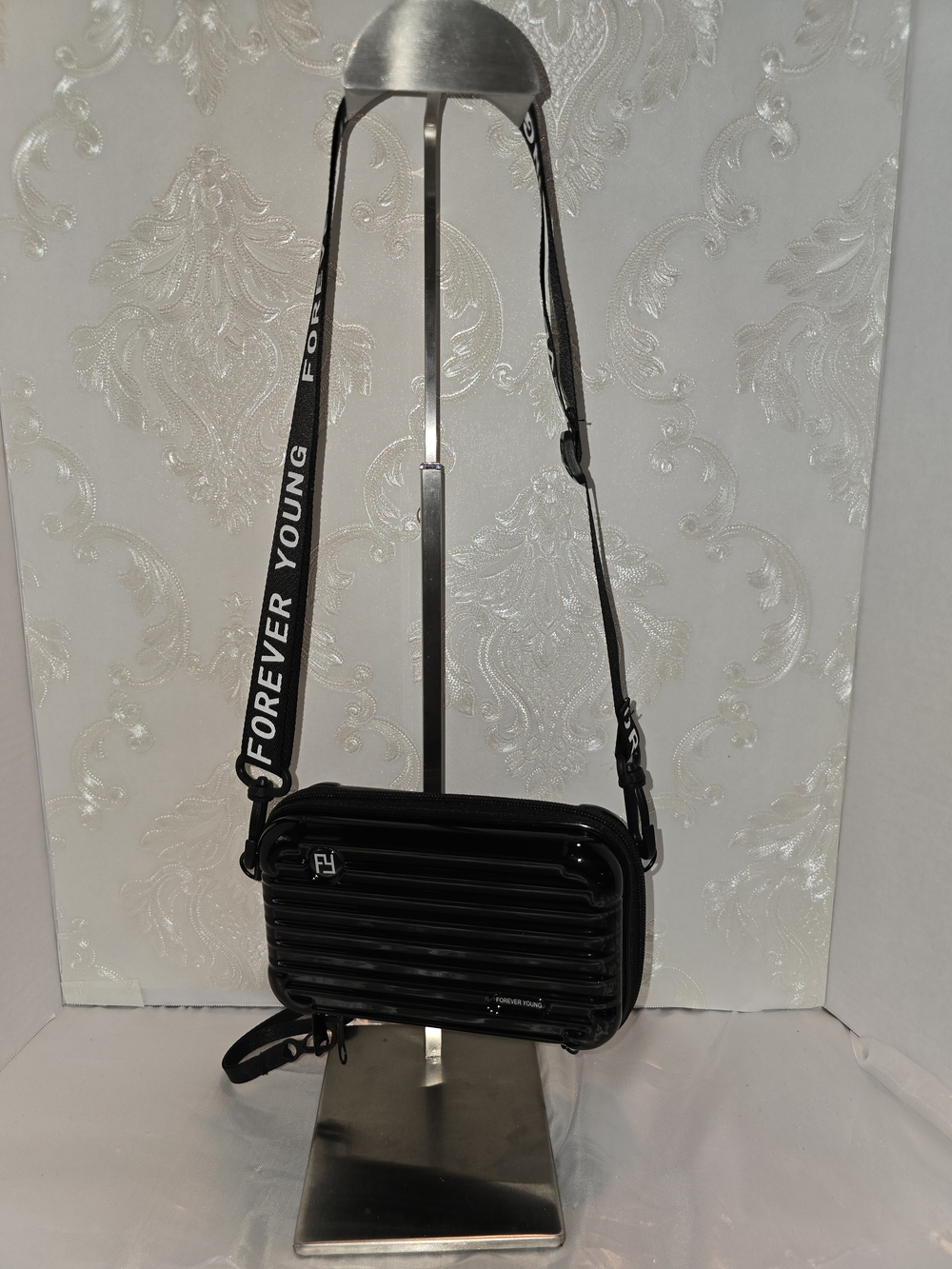 WATER PROOF Forever Young Black Gloss Ribbed Crossbody with Logo Strap